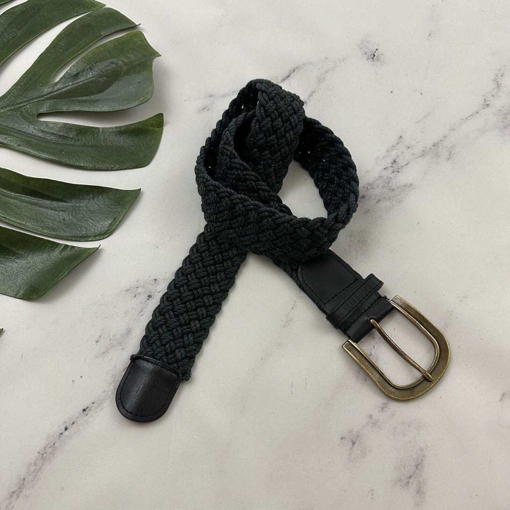 Talbots Womens Vintage Braided Woven Belt Size S Navy Blue Leather Trim